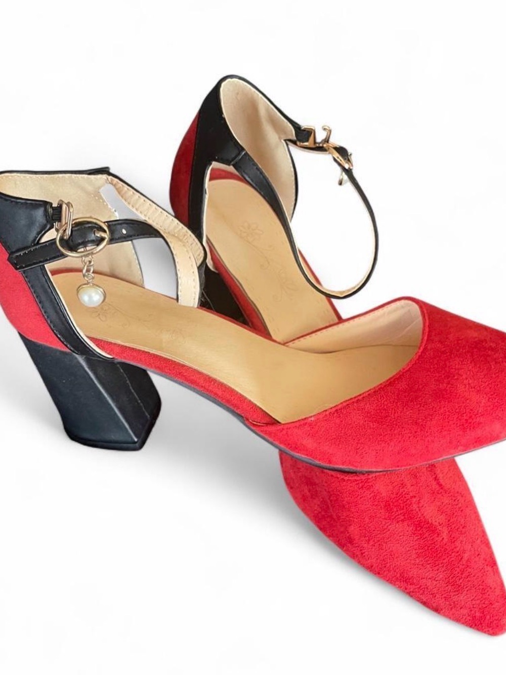 Women’s Red Suede navy leather colorblock Pointed Block Heel Ankle Strap Pump 9